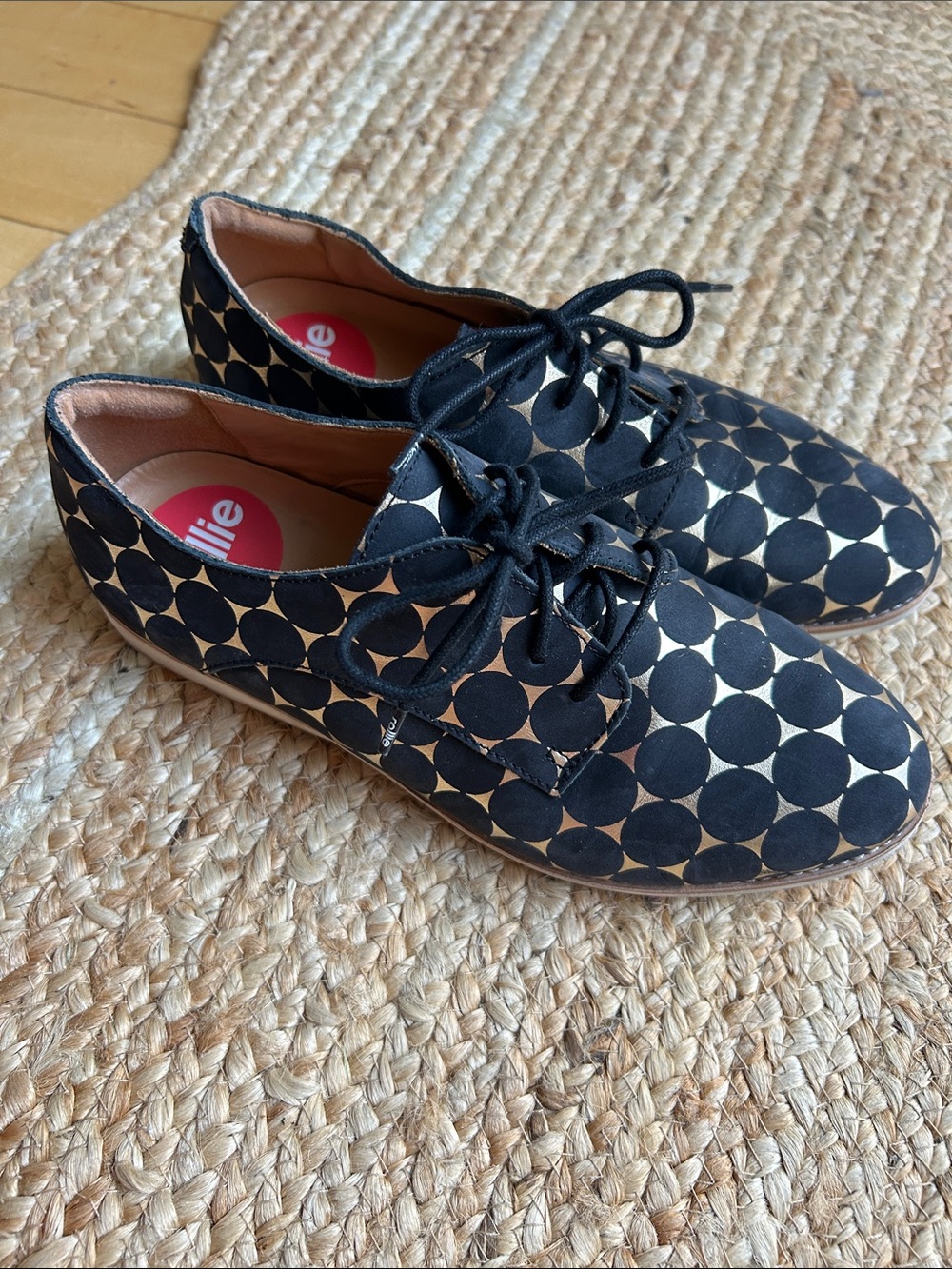Ellie Black and Beige Polka Geometric Lace-Up Flats